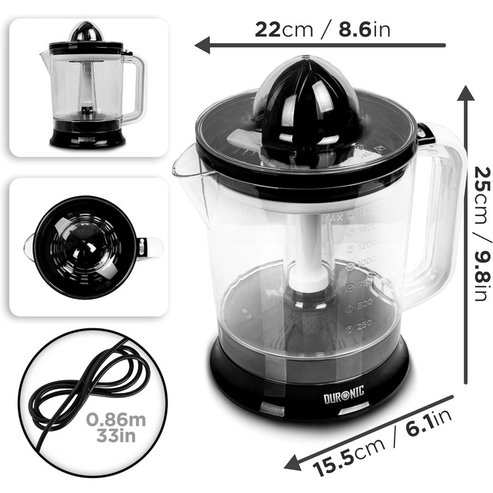 Електрична соковитискачка Duronic Saftpresse 600W: соковитискачка для цитрусових з нержавіючої сталі, 400 мл, 2 конуси, для апельсинів та лимонів