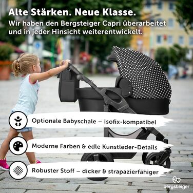 Дитяча коляска 3-в-1 Bergsteiger Capri - люлька, автокрісло i-Size, прогулянкове сидіння, повітряні колеса, амортизація, регульована ручка, складна, з аксесуарами (чорна в горошок | рама: антрацитова, дитяча коляска)