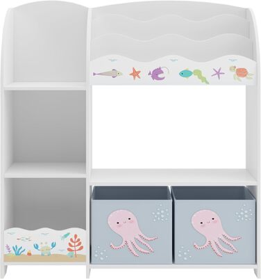 Дитяча полиця для іграшок Lysekil від en.casa: полиця-шафка для книг та іграшок, 100 x 93 x 30 см, з 2 коробками для зберігання, блакитний колір