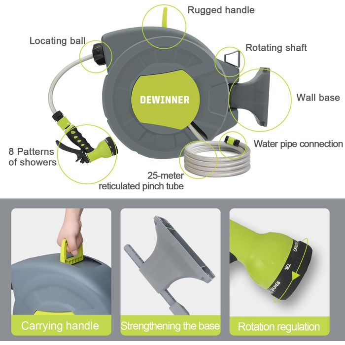 DEWINNER Тромбель для садового шланга 20+2 м, автоматичний, настінний, з ручною пістолетом, 7 функцій, для великих садів