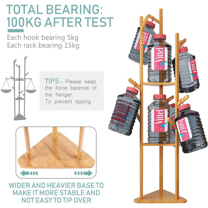 Стенд для одягу Unho з бамбука, 8 гачків, 3 полиці, для прихожей, офісу, спальні, кімнати очікування, для одягу, капелюхів, сумок
