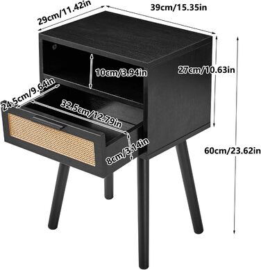 Приліжкова тумбочка IBUYKE з ротанга, бічний столик у стилі бохо з ящиком і полицею, натуральний WNS009N (чорний)