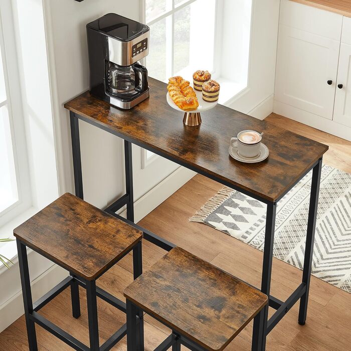 Барний стіл VASAGLE з барними стільцями, комплект для їдальні, стіл для стоячи, сталеве каркас, індустріальний дизайн, вінтажний коричнево-чорний LBT219B01, 2 круглі стільці (чорний горіх + чорний, 2 прямокутні стільці)