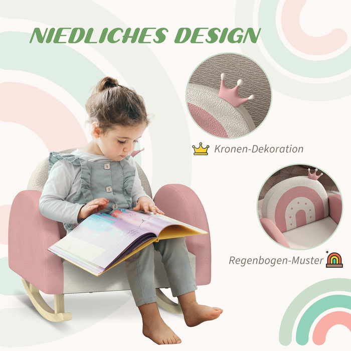 AIYAPLAY Дитяче крісло Диван з коронним декором Velvet Look Райдужна спинка Крісло-гойдалка для дітей 1,5-3 років рожевий для дитячої ігрової кімнати