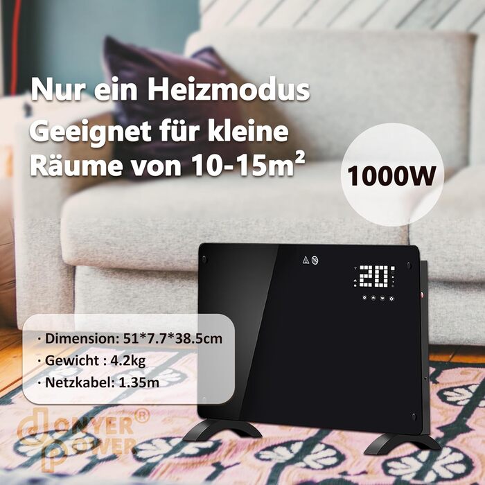 Конвектор DONYER POWER 2500W з Wi-Fi, чорний, з таймером та пультом, скло, для дому