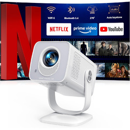 Портативний проєктор Mini Beamer 4K з підтримкою Android 13, WiFi 6, Bluetooth 5.4 та обертанням 270°. Підходить для домашнього кінотеатру, використання на вулиці та підключення до HDMI, Android, iOS, PC, USB. Автоматична корекція трапеції. Білий колір.