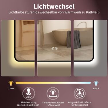 Дзеркало для ванної кімнати HOKO LED Texas 60x80 см / 80x60 см з підсвіткою, підігрівом проти запотівання та чорним металевим каркасом. Можливість встановлення HOCH+QUER. Сенсорне керування, зміна кольору світла 2700-6500K (тепле біле - холодне біле - ней