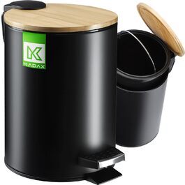 Відро для сміття KADAX, 3 л, 5 кольорів, педальний, з бамбуковою кришкою, для ванної та туалету (чорне)
