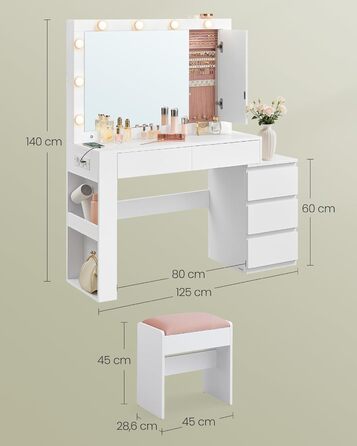 Трюмо VASAGLE з LED-підсвічуванням, дзеркалом та ящиками, 40 x 125 x 140 см, сучасний дизайн, колір