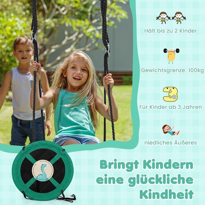 Шоукель-гніздо COSTWAY, дитяча гойдалка, гойдалка на дерево, гойдалка-лебідь, кругла гойдалка для дому та вулиці, Ø 100 см (зелена)