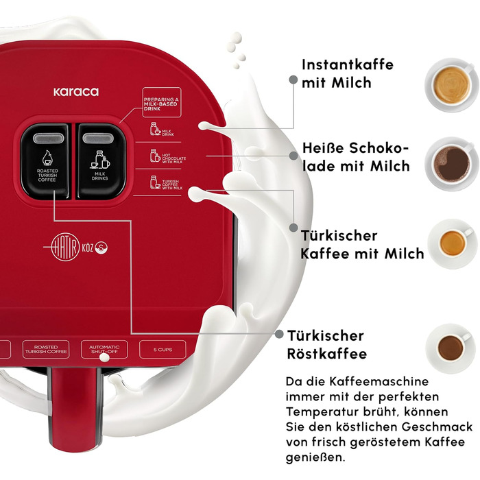 Кавомашина KARACA Hatır для приготування турецької кави з функцією обсмажування, 535W, 5 чашок, автоматичне нагрівання, чорно-червоний колір