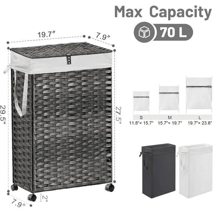 Кошик для білизни 70L з кришкою та колесами, коричневий. 2 мішки для білизни та 3 сітчасті мішки. Складний, ручної роботи, з ротангу.