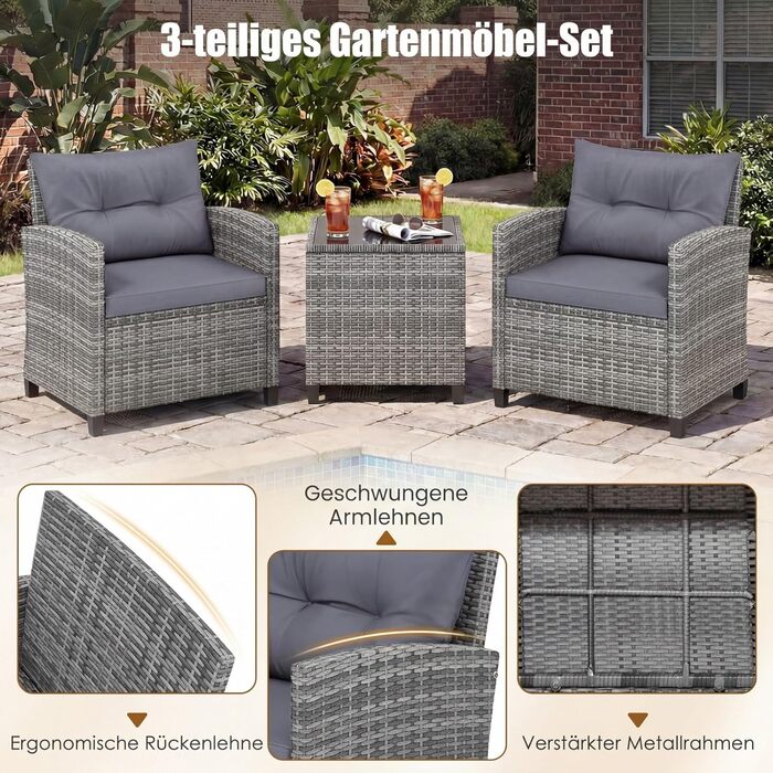 Садовий набір меблів COSTWAY з ротангу, 3 предмети: 2 крісла, стіл із загартованим склом, подушки. Меблі для балкона та тераси на 2 особи, сірий