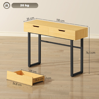 Вузький консольний столик з 2 висувними ящиками, металевим каркасом, для передпокою 110 x 35 x 76,5 см, колір: натуральний дуб