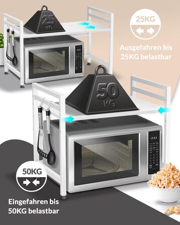 Стійка для мікрохвильової печі та кухонні полиці з нержавіючої сталі, 2-ярусна | Стійка для мікрохвильовки, полиця для зберігання, полиця для пекаря, регульована висота та довжина | З інструкцією у відеоформаті та гачками (Білий)