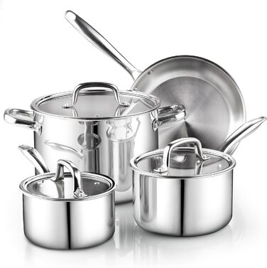 Набір посуду Cook N Home 7-piece з нержавіючої сталі, 3-шаровий, з кришками з жароміцного скла, індукційний, придатний для миття в посудомийній машині, сріблястий