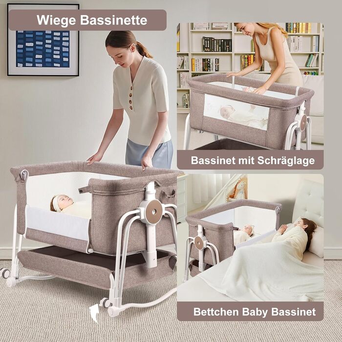 Дитяче ліжко-приліжкова коліска 4 в 1 з регулюванням по висоті, з колесами, комодом, москітною сіткою та матрацом (Хакі)