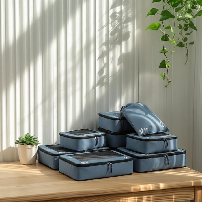 Набір органайзерів для валізи та рюкзака ECOHUB, 7 предметів, дорожні сумки-пакувальники з переробленого PET-пластику (Синій)