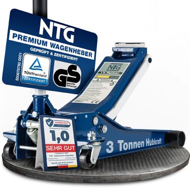 Гідравлічний домкрат NTG 3T, низькопрофільний, для авто (легкових та SUV), синій + сертифікат TÜV, висота підйому 75-505 мм