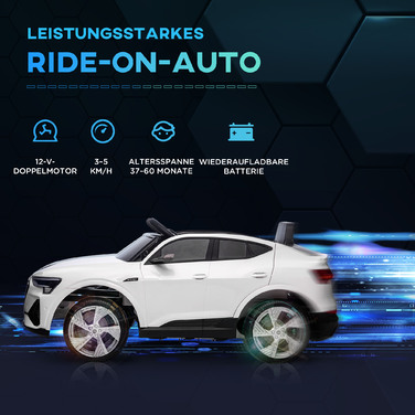 HOMCOM Електромобіль для дітей 12V, модель Audi E-tron з дистанційним керуванням, ременем безпеки, музикою (MP3/USB/TF), ідеальний для дітей 3-5 років, максимальна швидкість 3-5 км/год, колір – білий.