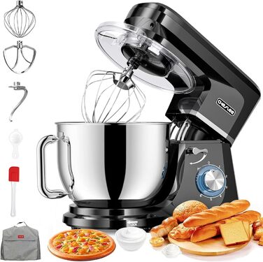 Кухонна машина Cheflee 2000W: потужна планетарна міксер для тіста та збивання, 6 швидкостей, 7.2 л чаша з нержавіючої сталі, гак та вінчик, захист від бризок, чорний