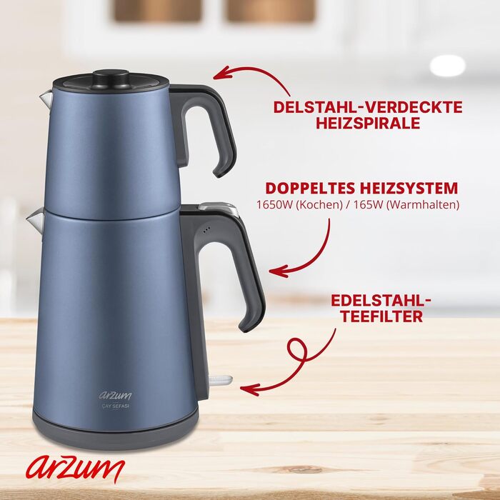 Арзум Ehlikeyf - електрочайник та турка для приготування турецького чаю, 2200W, 3,5л, 1,2л, нержавіюча сталь, регулювання температури, захист від сухого кип'яття, блакитний