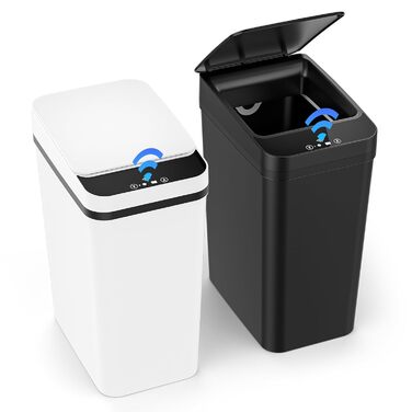 Набір з 2 відер для сміття Dreamhigh® з датчиком, 12 л, електричні, автоматичний кришка, розумні, 3 режими відкривання, тихі, водонепроникні для кухні, ванної кімнати, офісу, вітальні (Чорний + Білий)