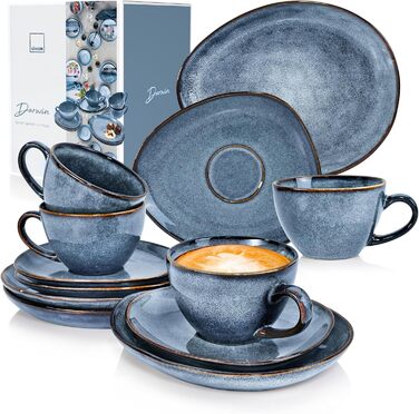 Кавовий сервіс SÄNERG Darwin 12 предметів, керамічний сервіз на 4 особи, блакитний, 300 мл, преміум-колекція