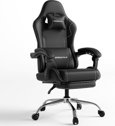 Ігровий крісло Dowinx з підніжкою та масажем попереку. Ергономічне ігрове крісло для офісу, дому, стрімінгу та тривалих ігрових сесій. Білий (Чорний)