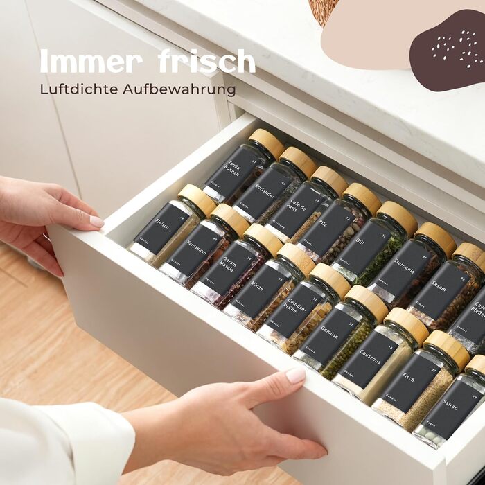 Набір скляних баночок для спецій - 24 шт. з етикетками та бамбуковими кришками, 120 мл, з дозаторами та аксесуарами. Набір контейнерів для спецій, натуральний дизайн