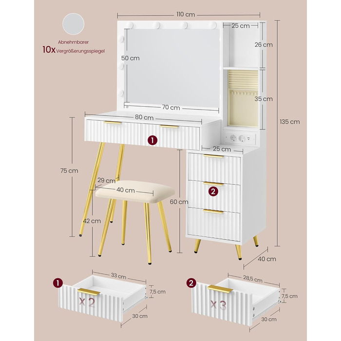 Дзеркальний туалетний столик VASAGLE з пуфом та 10x збільшенням, LED-підсвічуванням, ящиками та станцією для зарядки, 40 x 110 x 135 см, білий