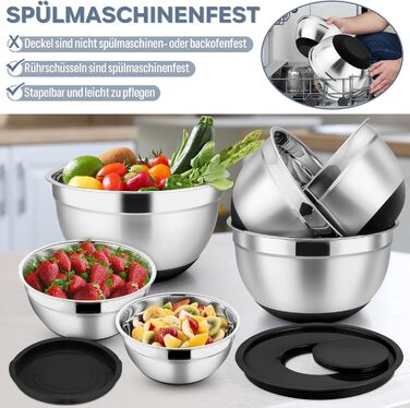 Набір мисок HaWare 6 шт. з нержавіючої сталі, набір салатників з герметичними кришками та 3 насадки для тертя, об'єм 4,6/2,8/2,5/1,6/1,2/0,7 л, антиковзний силіконовий низ, придатні для миття в посудомийній машині, чорний колір