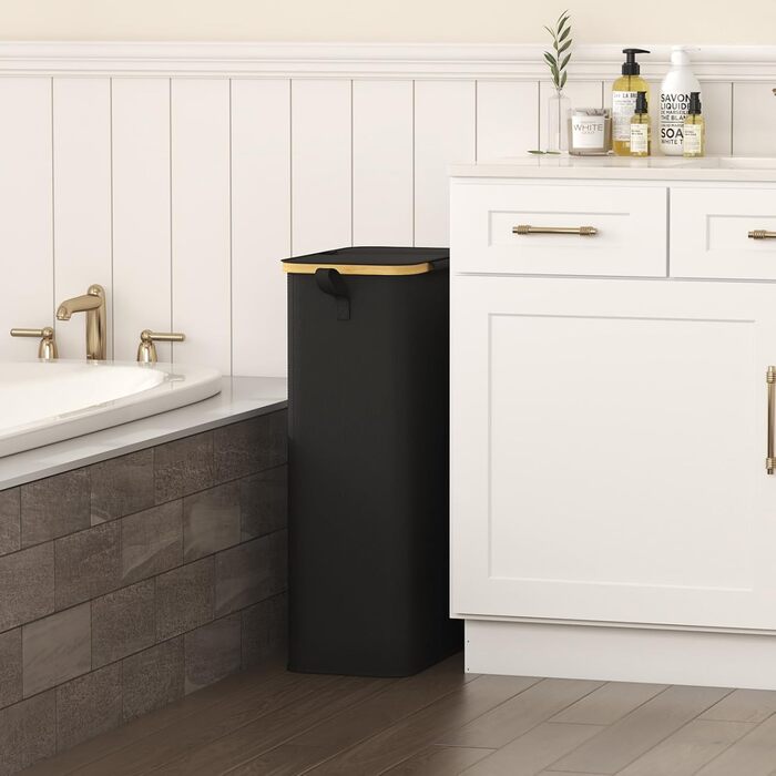 Кошик для білизни LifeWit з кришкою, вузький, складний, 75л, бамбук, з ручкою, чорний