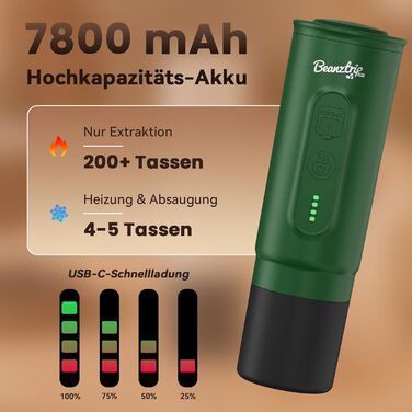 BeanzTrip H02 PRO портативна кавомашина з акумулятором, 2-в-1 для еспресо та кави, сумісна з капсулами NS та меленою кавою, 20 Bar, USB-C, для подорожей, кемпінгу та автодому (темно-зелений)