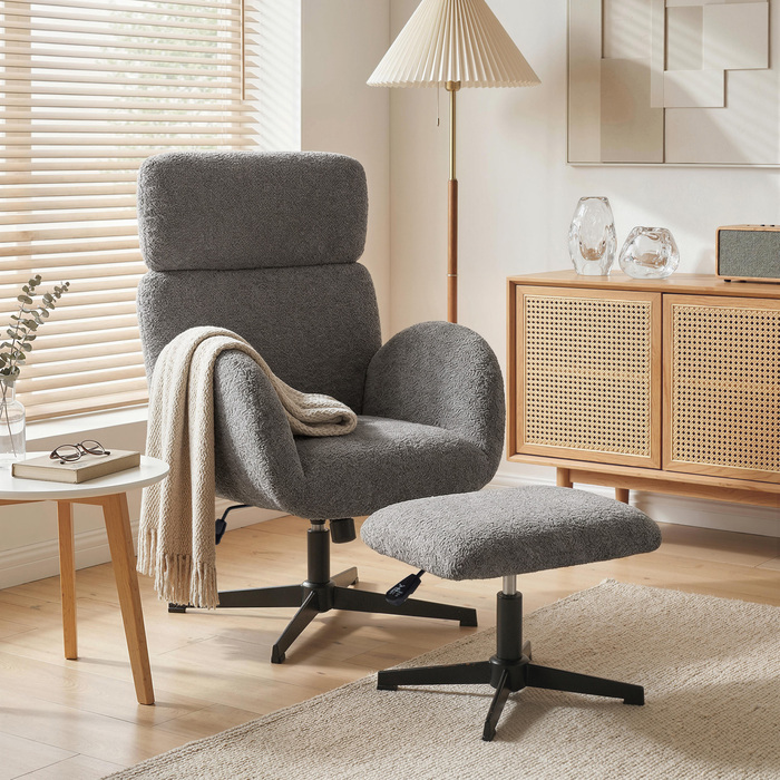 Обертовий крісло з пуфом, регульоване крісло-акцент з регульованою підголівкою, функція гойдання, сірий колір