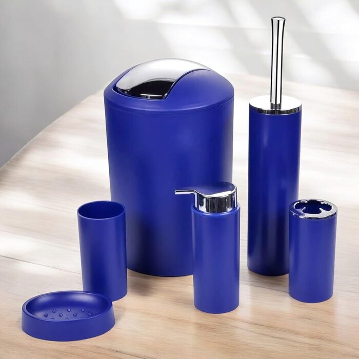 Набір аксесуарів для ванної кімнати 6tlg Badset: мильниця, стакан для зубних щіток, відро для косметики, щітка для унітазу з тримачем, мильниця, сміттєвий бак, тримач для зубних щіток, повна ванна кімнатна комплектація (темно-синій дизайн 2a)