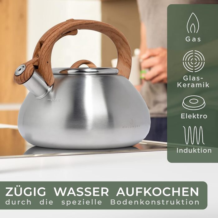 Чайник для води 2,3 л - Індукційний та газовий - Чайник з дерев'яною ручкою - Чайник з флейтою з нержавіючої сталі