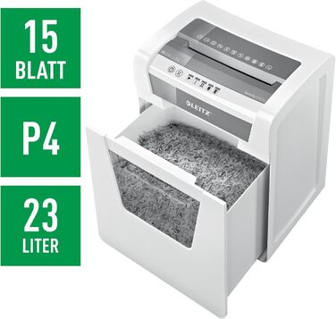 Шредер Leitz IQ Office P5, мікроріз, 11- (70-80 г/м²), сертифікований TÜV+GS, 2 години роботи, висувний 23L контейнер, тихий офісний шредер, білий
