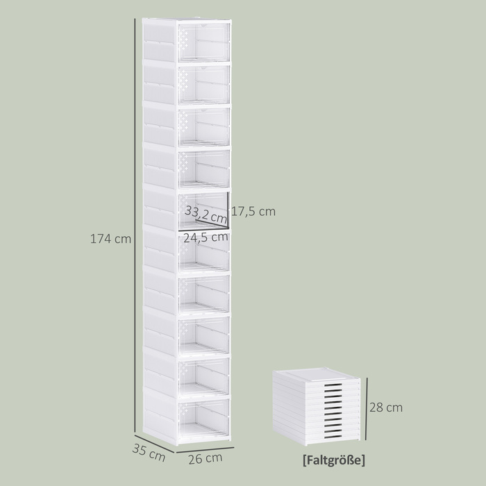 10-ярусна полиця для взуття, шафа для взуття, складана, з вентильованою задньою стінкою, пластик, біла