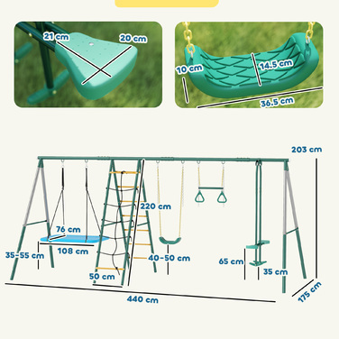 Комплекс для ігор 5-в-1 з регульованою гойдалкою-гніздечком, кільцями для гімнастики, двомісною гойдатю та комплексом для лазіння, призначений для дітей 3-8 років, розміром 440x175x203 см.