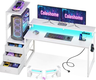 Ігровий стіл Coleshome з шухлядами, 151x50 см, з LED-підсвічуванням та розеткою, з полицями та підставкою для монітора (карбонове волокно)