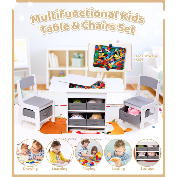 Дитячий стіл зі стільцями, ігровий стіл для дітей з місцем для зберігання. Набір меблів для дитячої кімнати (Сірий)