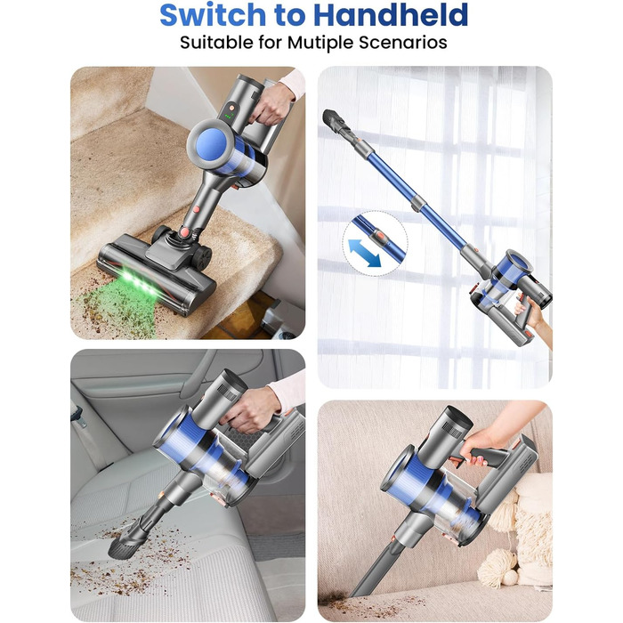 Бездротовий пилосос Dzaki 45000Pa з акумулятором, Smart-дисплеєм, функцією паркування та антизаплутанащістю для килимів, твердих поверхонь, шерсті тварин та авто (блакитно-сірий)