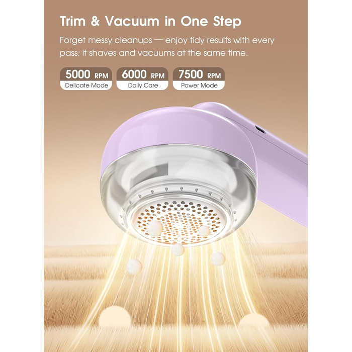 Електричний видальник ворсу COPPA з 6 лезами, 3 швидкості, перезаряджається, портативний, з індикатором заряду, для одягу (білий/фіолетовий)