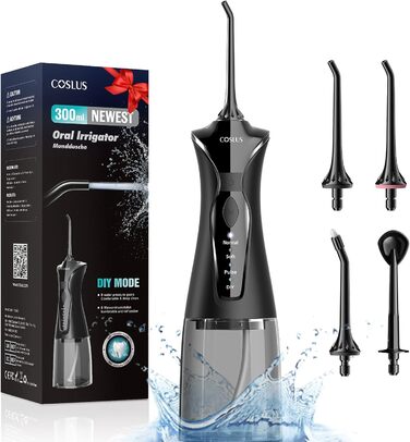 COSLUS Бездротовий електричний іригатор для порожнини рота: 4 режими, портативний, бак 300 мл, з очищувачем язика, для догляду за зубами та подорожей (світло-зелений/світло-чорний)