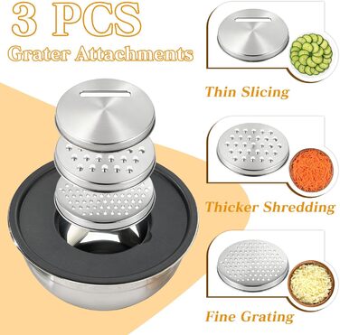 Набір міксерів Unokit з кришкою, 7 шт. з нержавіючої сталі з 3 тертками, антиковзаюча силіконова основа, набір міксерів, об'єм 4.5, 4, 3.5, 2.1, 1.5, 1.1, 0.7 Qt для змішування, подачі