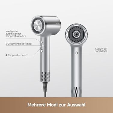 Фен для волосся MOVA Shine 20 з дифузором, високошвидкісним мотором та плазмою для догляду, NTC-контролем температури, сріблястий