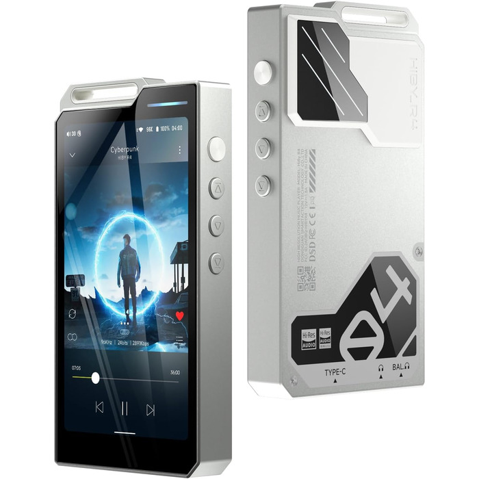 HiBy R4 Android MP3-плеєр з Bluetooth і Wi-Fi, 4DAC, Android 12, підтримка DSD, PCM, MQA, 4.4 мм баланс, 32 ГБ, сріблястий