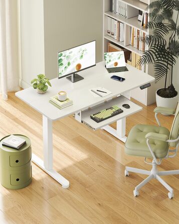 Електричний регульований стіл OffiGo 100x50 см з підставкою для клавіатури, 3 функції пам'яті, білий | Стіл для роботи та навчання