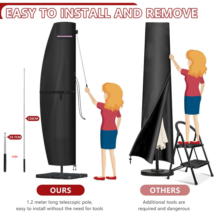 Захисний чохол для парасольки/перголи LAMUNI, водонепроникний, для парасольки/перголи 3-5м, 220x40/70/50 см